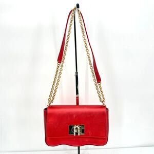 Furla Womens 1927 Crossbody MINI Geained Leather Gold Chain Strap Cherry Red